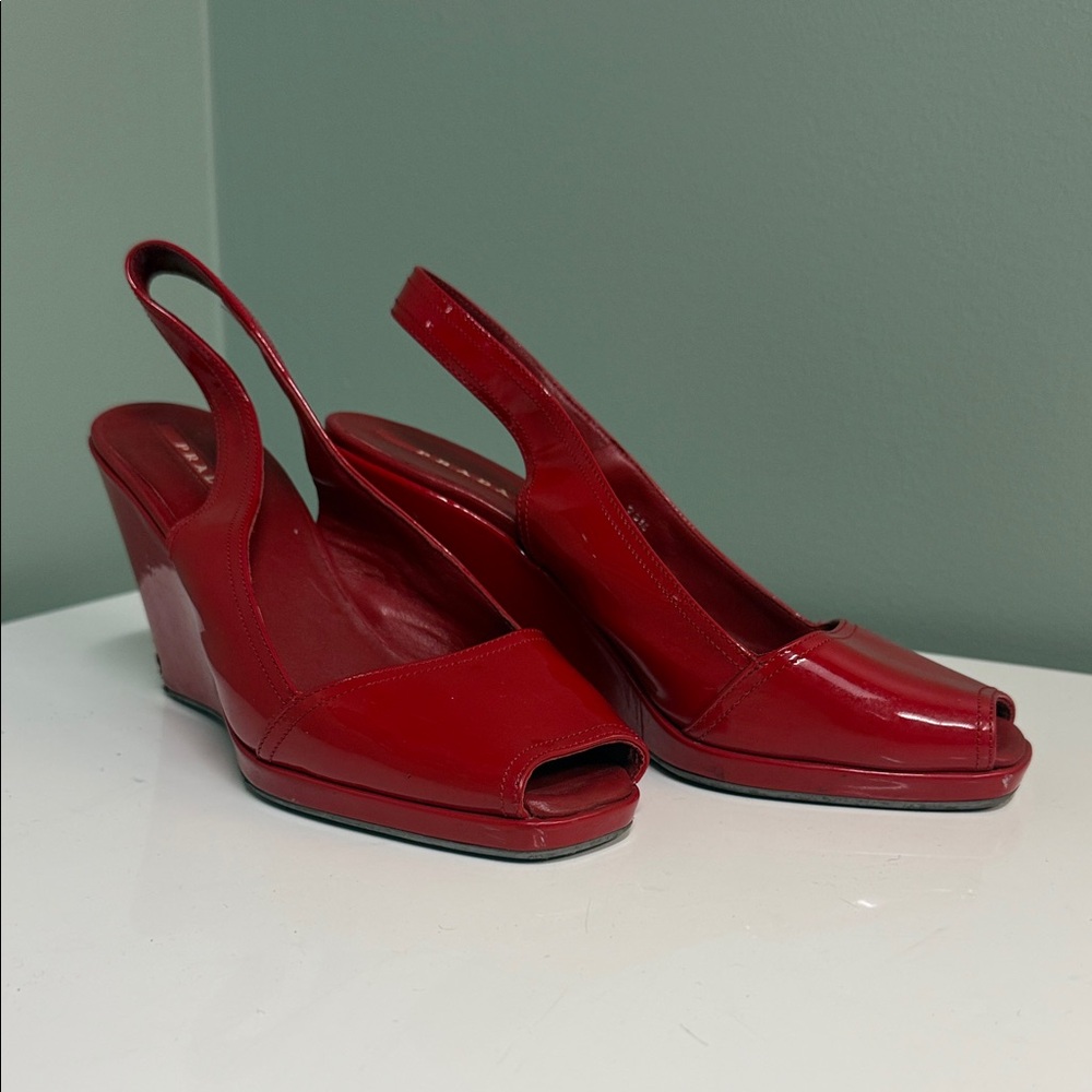 Prada Red Peep-Toe Wedge Sandals